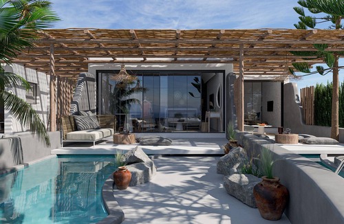 Perivolos Apartment | Apocalypsis Suite | walk out Sea View patio with Private Heated Pool